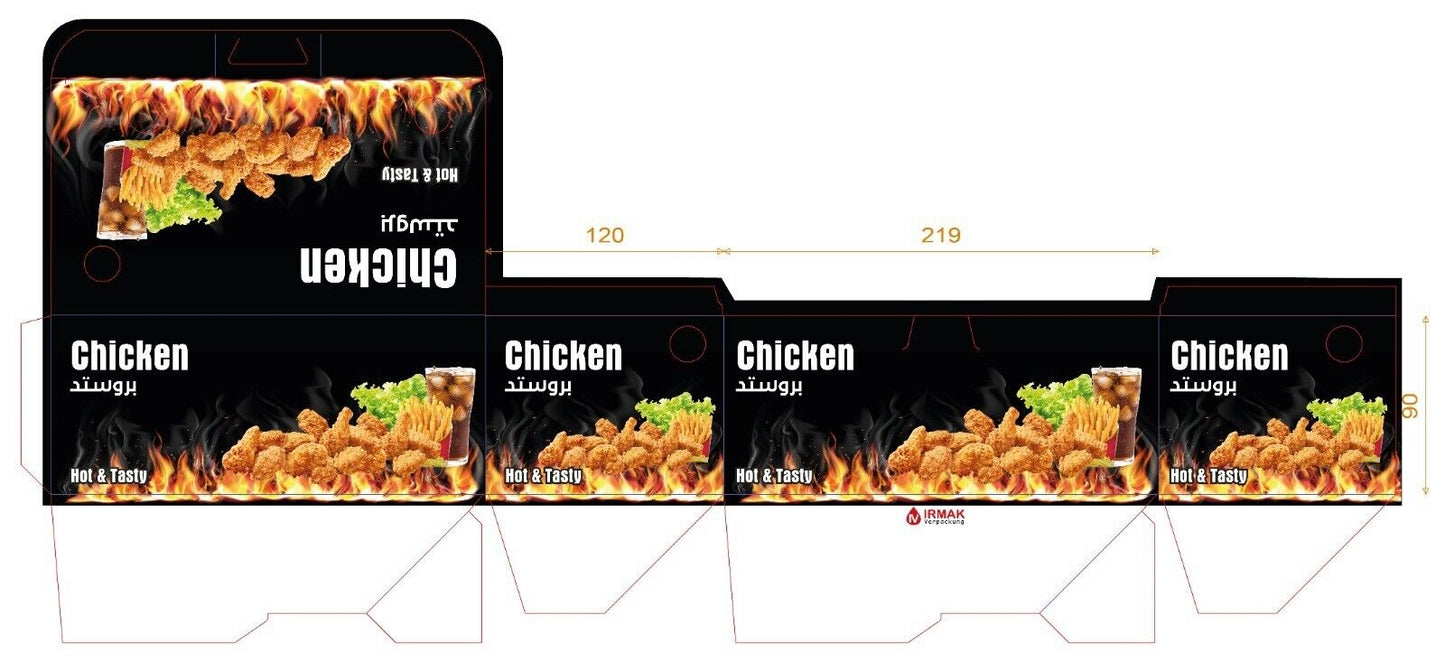 300 x Hähnchen Box schwarz mit schönen Chicken & Pommes Design